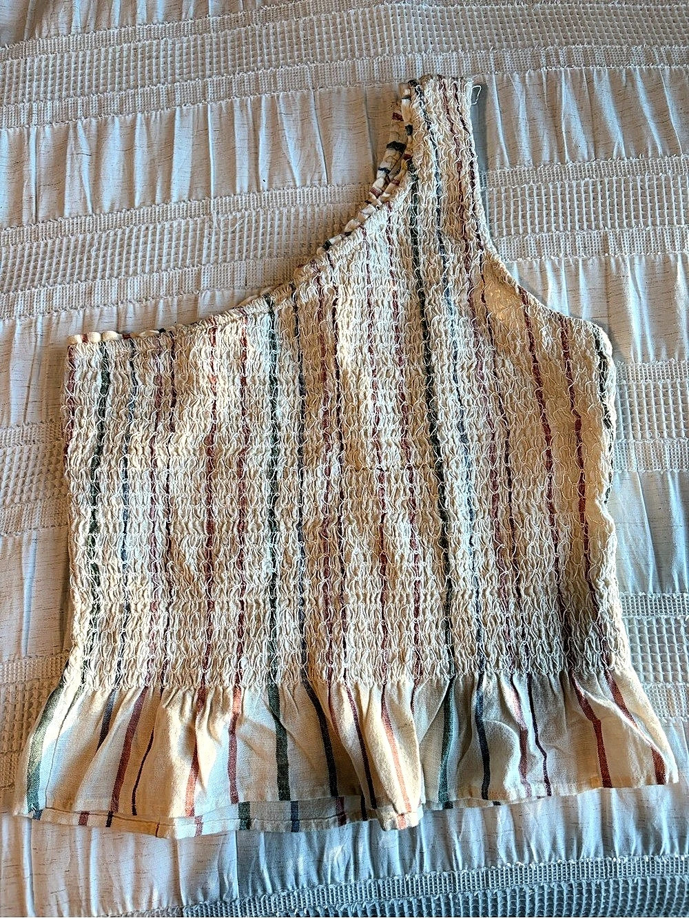 American Eagle Smocked One Shoulder Striped Ruffle Top Cream & Brown Medium